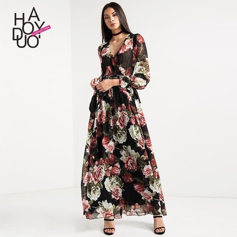 wedding, Vogue Sexy Printed V-neck High Waisted Floral Fall Dress - Bonny YZOZO Boutique Store