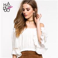 Fall 2017 women new style fashion sexy off the shoulder boat neck lace stitching t-shirt - Bonny YZO