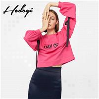 School Style Must-have Sweet Printed Solid Color Scoop Neck Alphabet Fall Tie 9/10 Sleeves Hoodie -