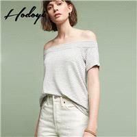 Vogue Sexy Simple Off-the-Shoulder Summer Short Sleeves Stripped T-shirt Basics - Bonny YZOZO Boutiq