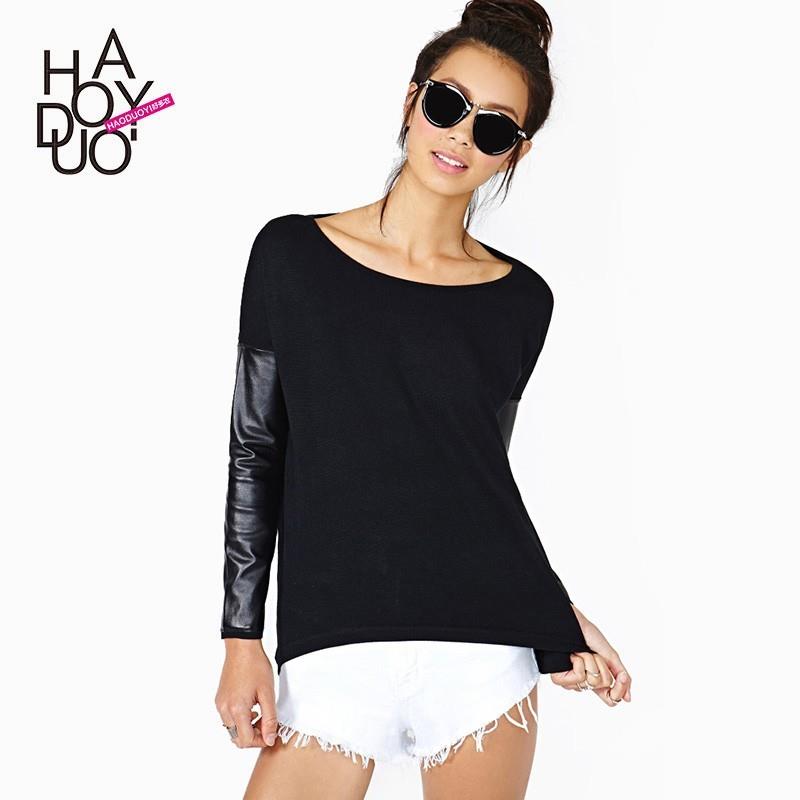 My Stuff, Long sleeve t-shirt woman black round-collar knit PU leather stitching top benefits - Bonn