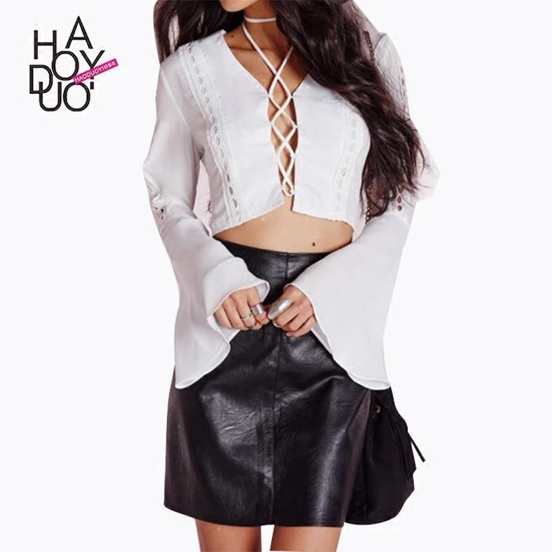 My Stuff, Ladies fall 2017 new sexy chest strap short trumpet sleeves chiffon shirt women - Bonny YZ